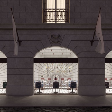 Novikov Designs Coppe Restaurant shopfront, single arch Rolans Novikovs