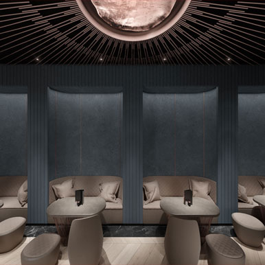 Novikov Designs Coppe Restaurant Bistro Interior Design with sun rays and alcoves Rolans Novikovs